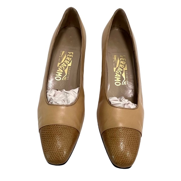 SALVATORE FERRAGAMO Leather Colorblock Nude Tan Pattern Pumps Women’s Size: 8AA - Picture 2 of 9